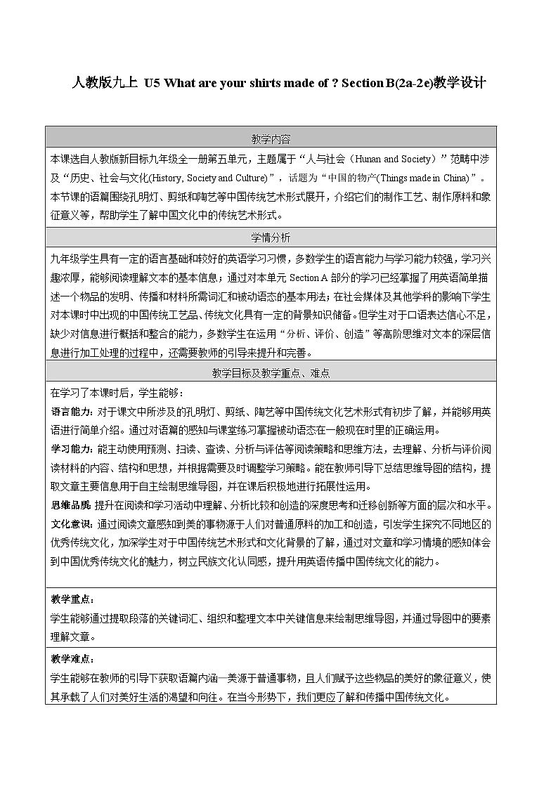 Unit 5 What are the shirts made of Section B(2a-2e)教学设计01