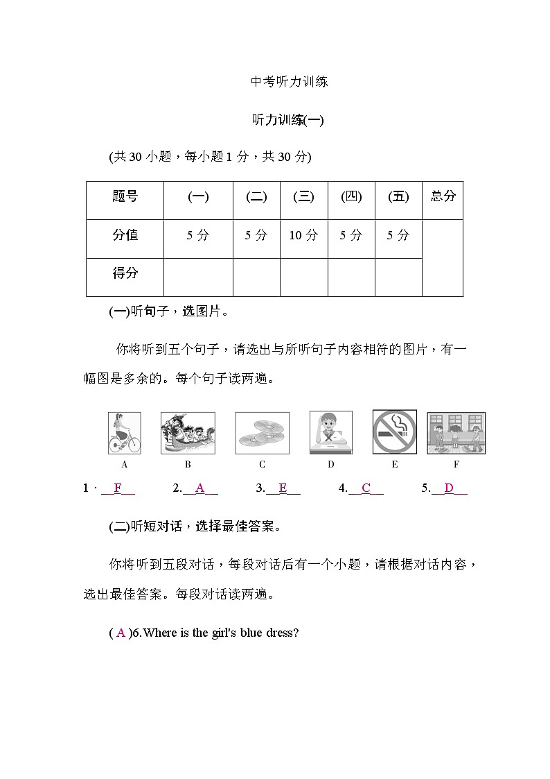 译林版中考英语复习听力训练1含答案第1页