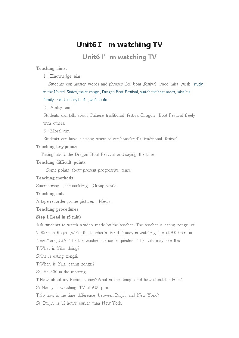 Unit 6 I'm watching TV.教案2023-2024学年人教版七年级英语下册01