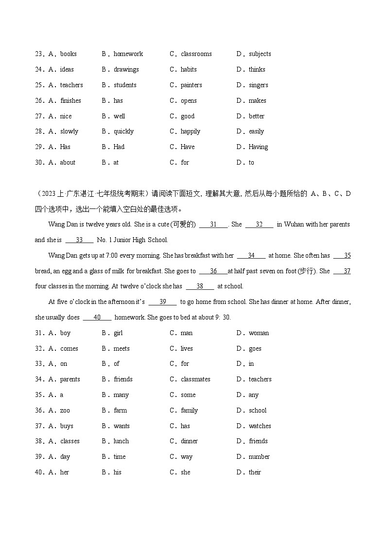 完型填空15篇（10空）（期末题型考前过关练）-2023-2024学年七年级英语上册单元模块满分必刷题（人教版）03