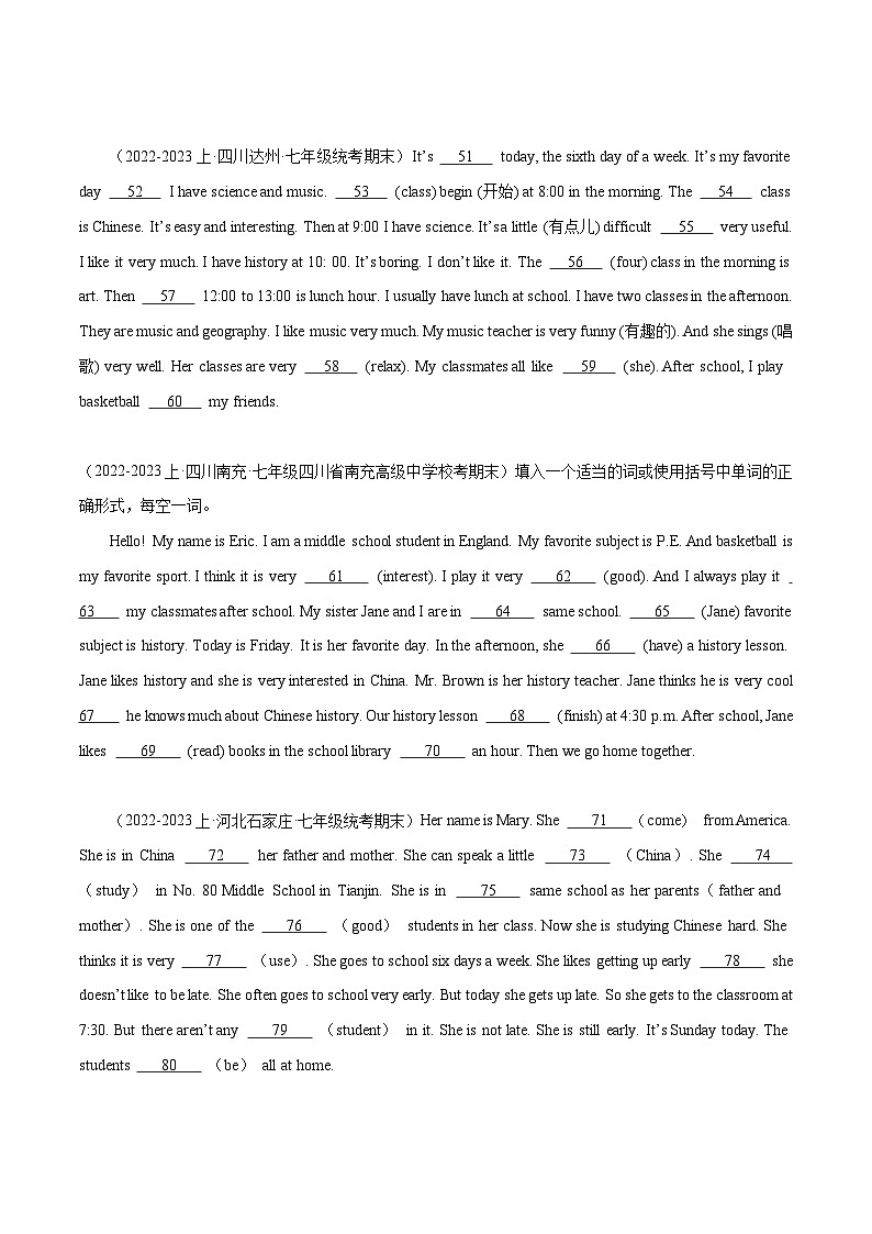 短文填空20篇（期末题型考前过关练）-2023-2024学年七年级英语上册单元模块满分必刷题（人教版）03