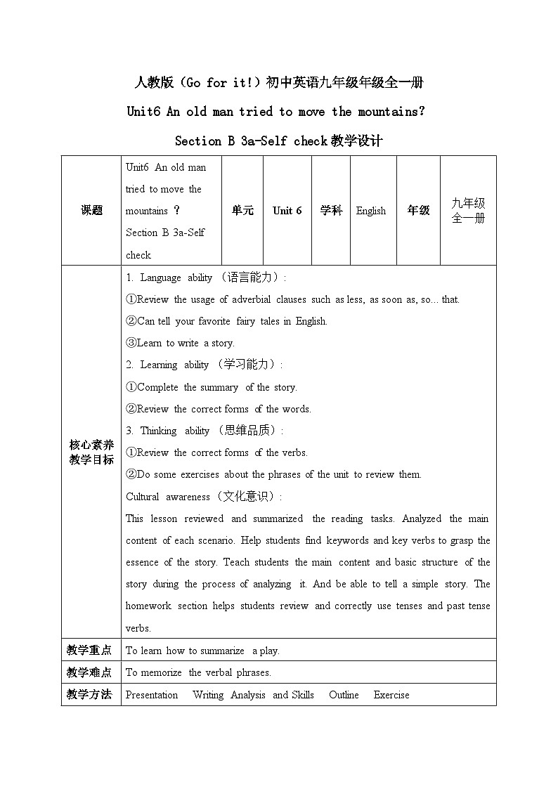 【核心素养目标】人教版初中英语八年级下册 Unit6 An old man tried to move the mountains？Section B 3a-Self check教案+课件01