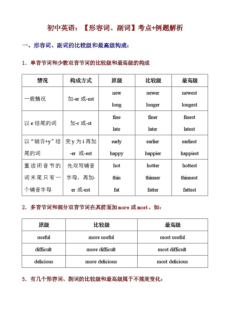 中考英语复习专题精讲学案_初中英语【形容词、副词】考点+例题解析01