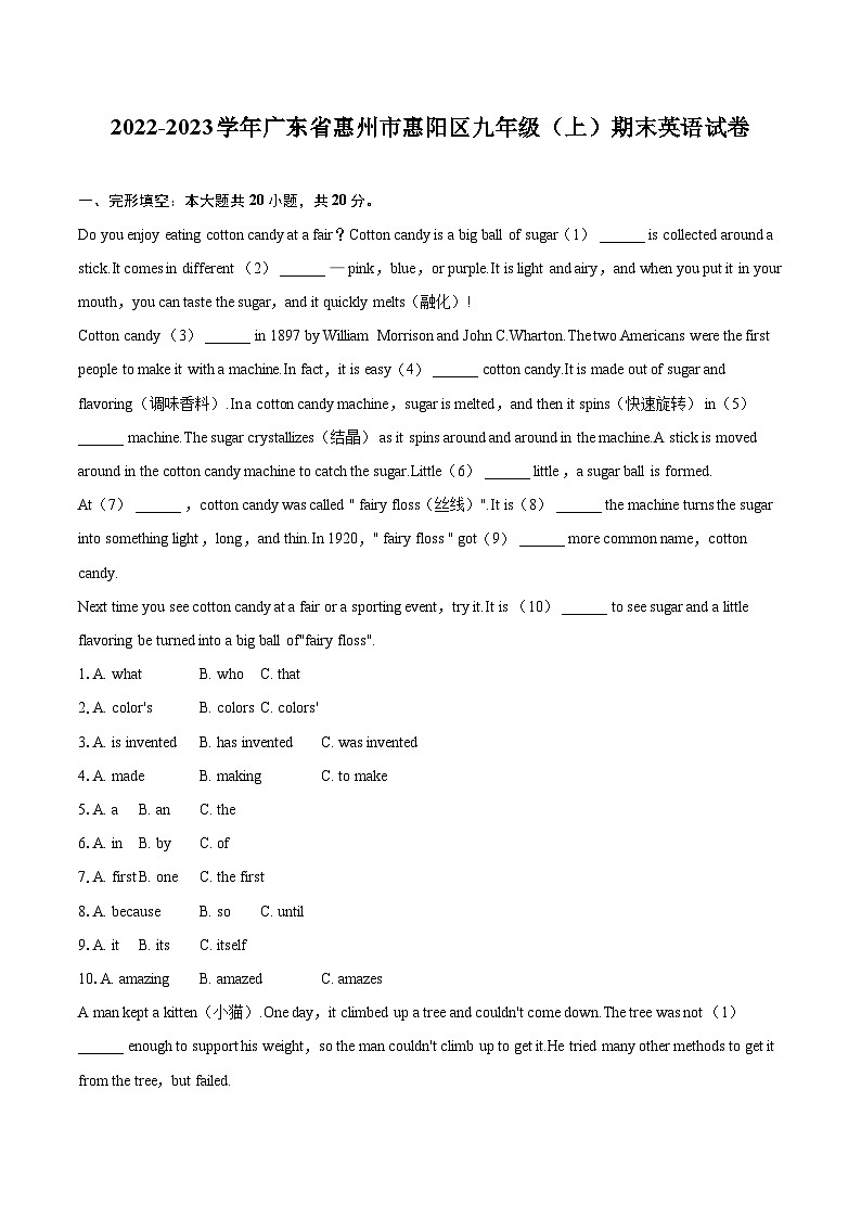 2022-2023学年广东省惠州市惠阳区九年级（上）期末英语试卷（含详细答案解析）01