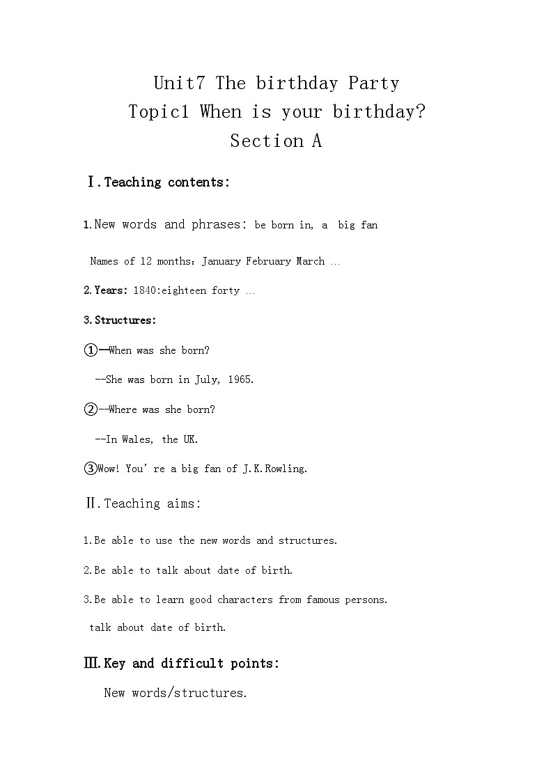 Unit7 The birthday Party Topic1 When isyour birthdaySection A教案-2023-2021学年仁爱版七年级英语下册02