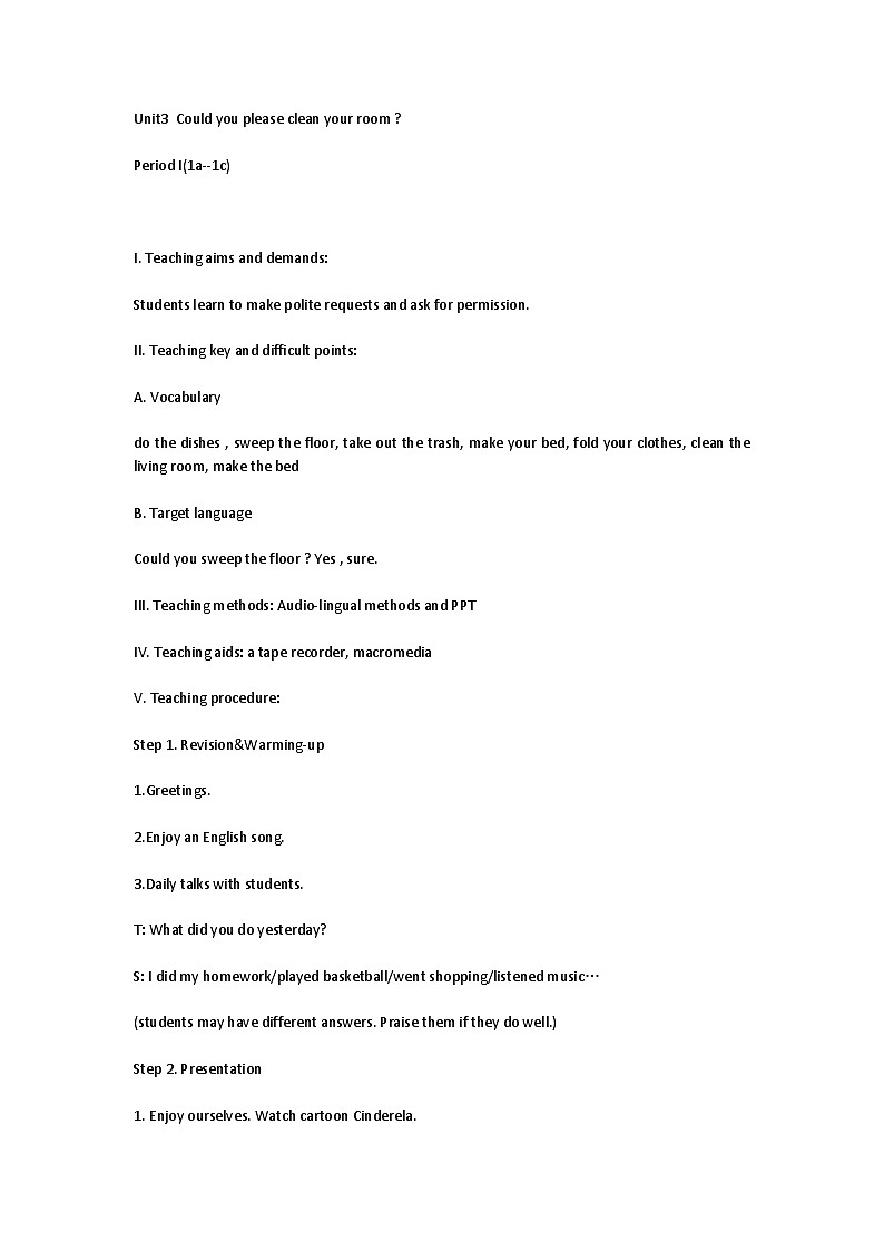 Unit 3 Could you please clean your room 教案 2022-2023学年人教版八01