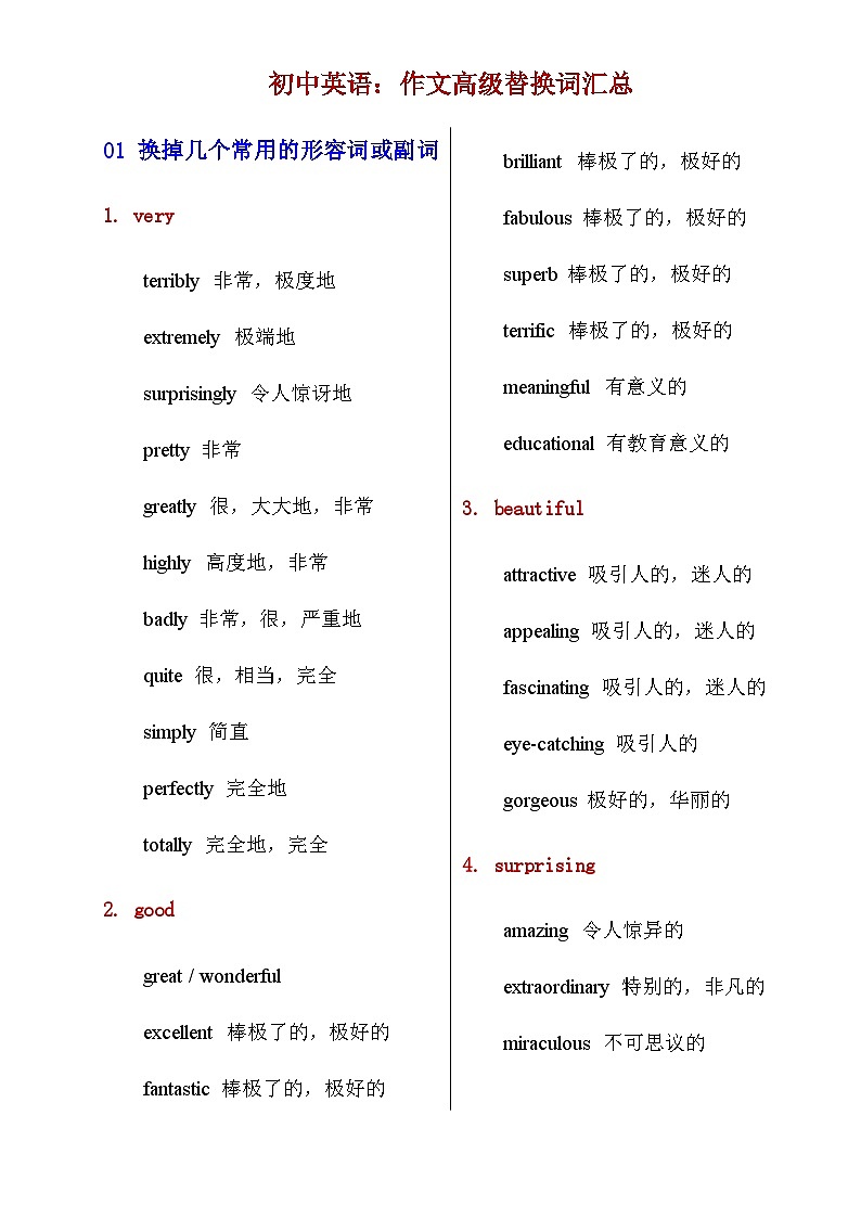 【全套精品专题】仁爱科普版 英语期末复习专题 精讲_初中英语作文高级替换词汇总（带答案）01