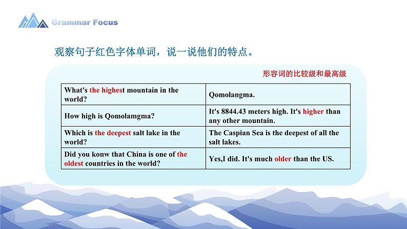 【核心素养目标】人教版初中英语八年级下册 Unit7 What's the highest mountain in the world  Section A Grammar Focus-4c教案+课件05