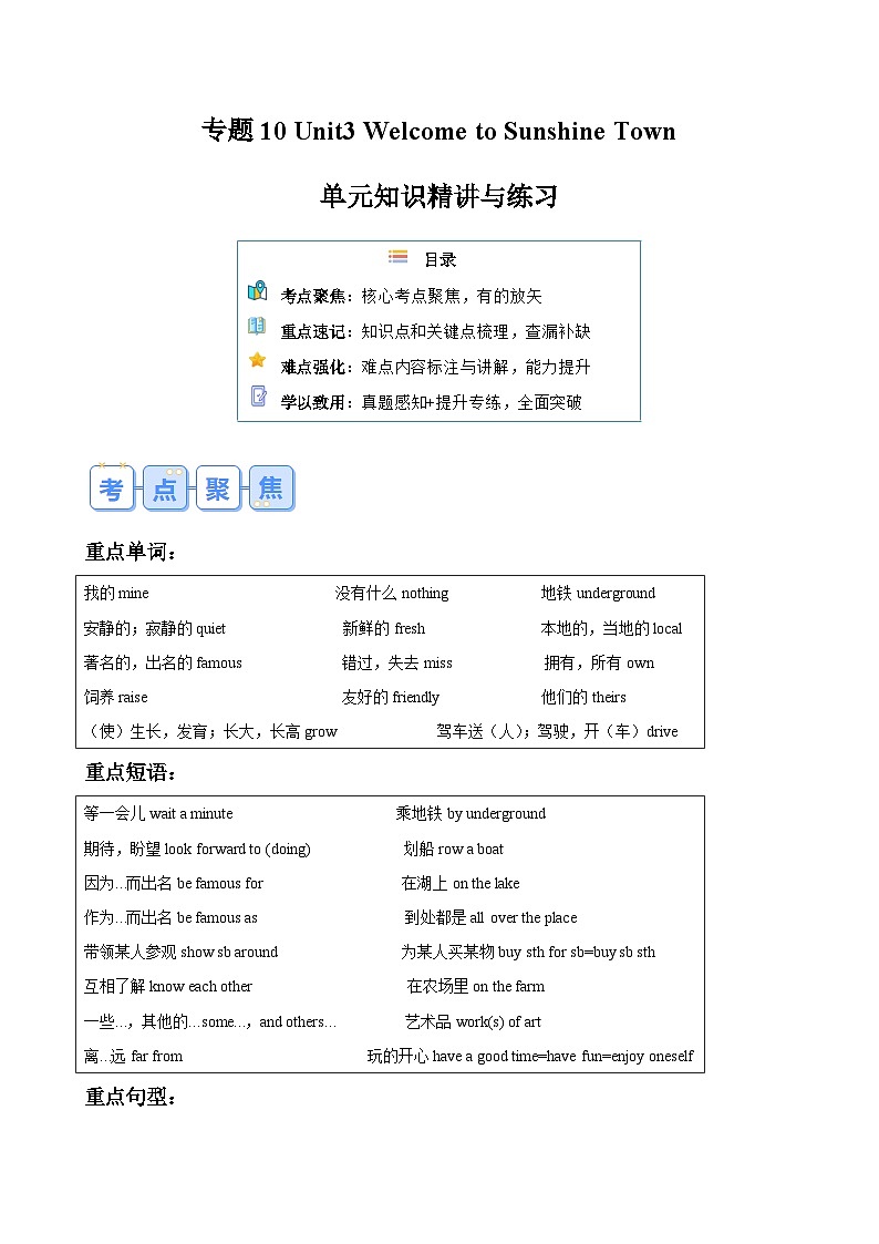 专题10 Unit 3 Welcome to Sunshine Town单元知识精讲与练习-【寒假自学课】2024年七年级英语寒假提升学与练（牛津译林版）01