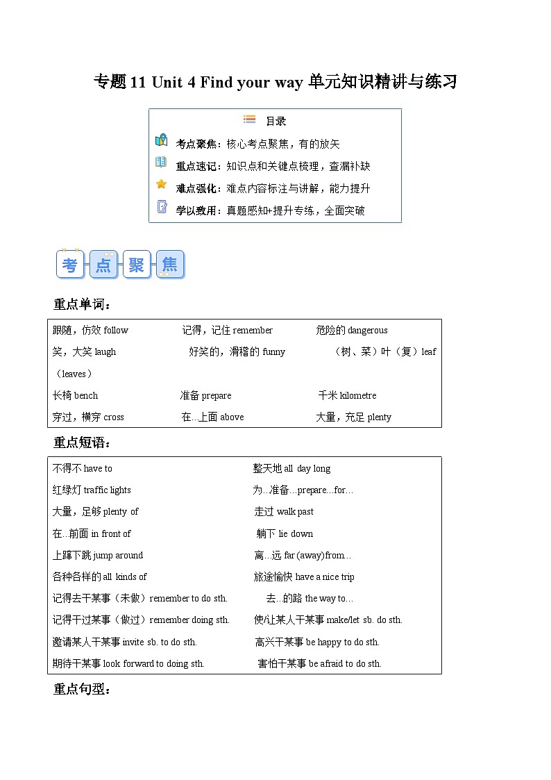 专题11 Unit 4 Find your way单元知识精讲与练习-【寒假自学课】2024年七年级英语寒假提升学与练（牛津译林版）01