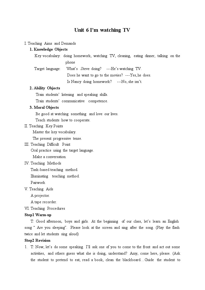 Unit 6 I’m watching TV.---教学设计2023-2024学年人教版七年级英语下册01