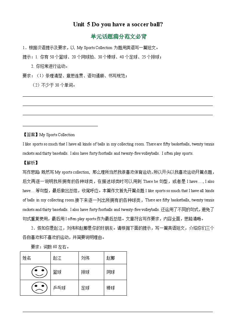人教版七年级英语上册单元重难点易错题精练 Unit 5 单元话题满分范文必背第1页