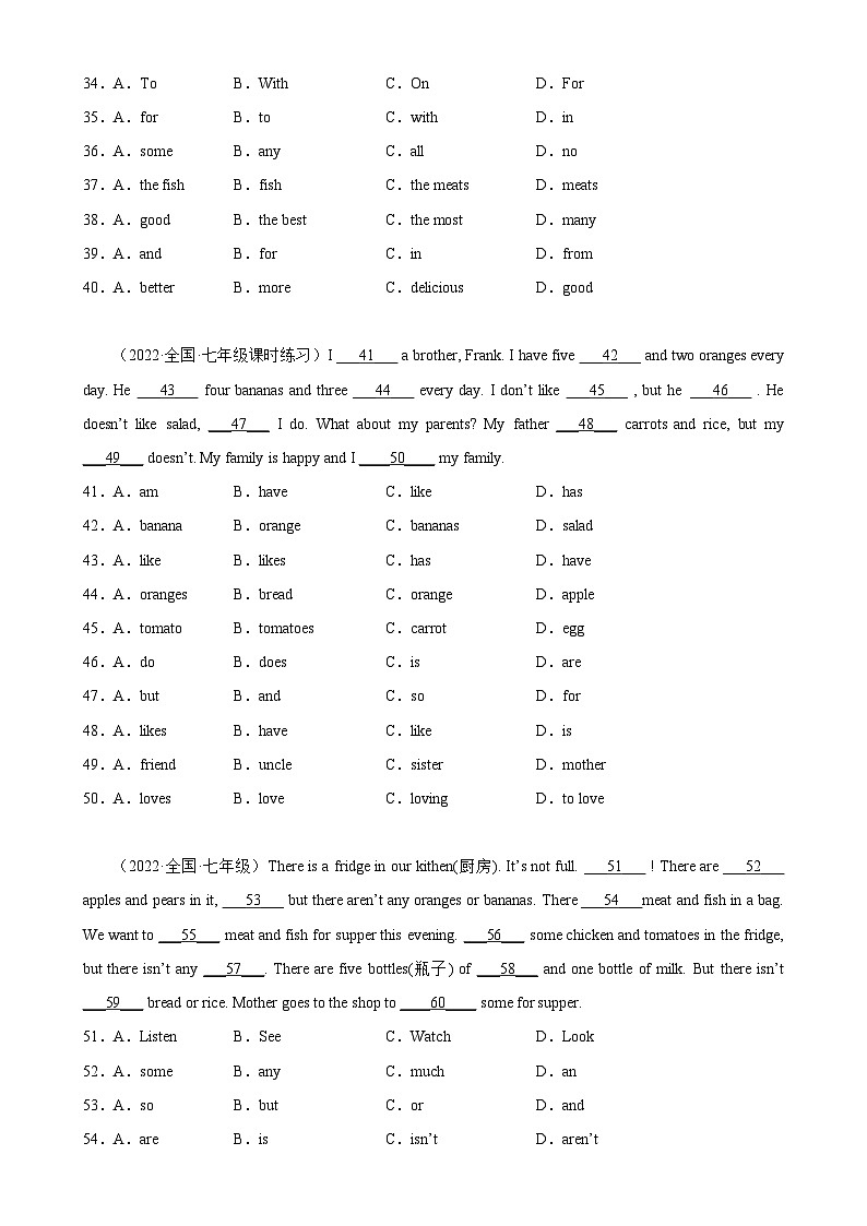 人教版七年级英语上册单元重难点易错题精练 Unit 6 单元话题完形填空专项练习第3页