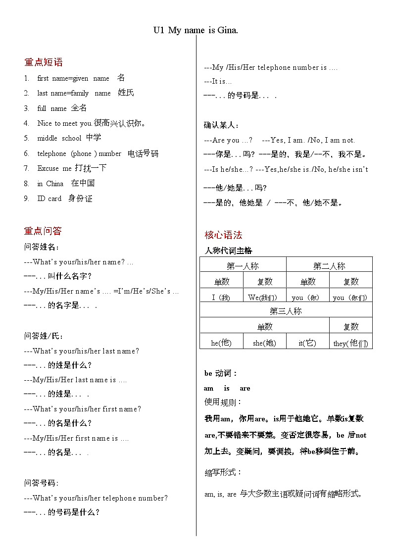 人教版七年级上册期末复习背诵学案Unit101