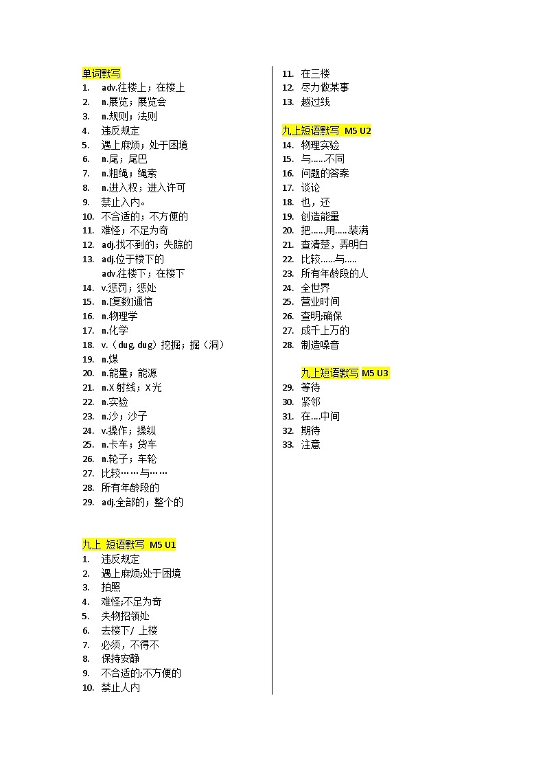 2023-2024学年外研版九年级英语上册-Module 5 Museums  单词短语默写练习01