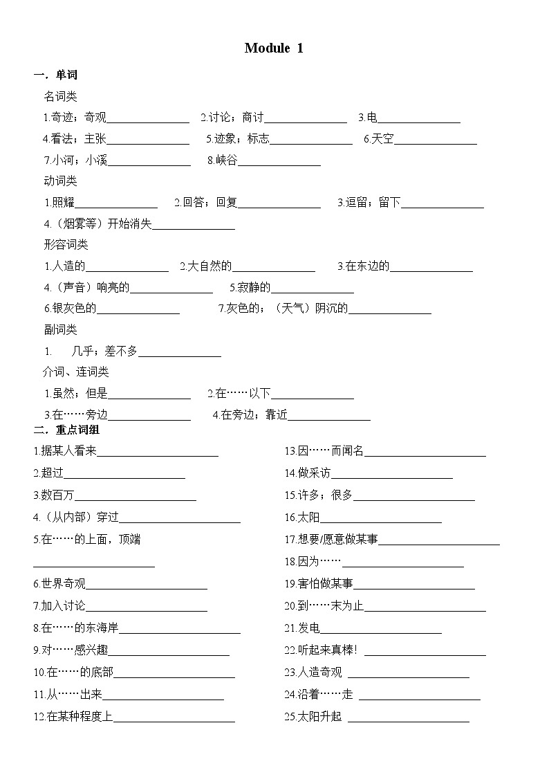 2023-2024学年外研版英语九年级上学期-Module 1综合默写单词、重点短语、知识点练习01