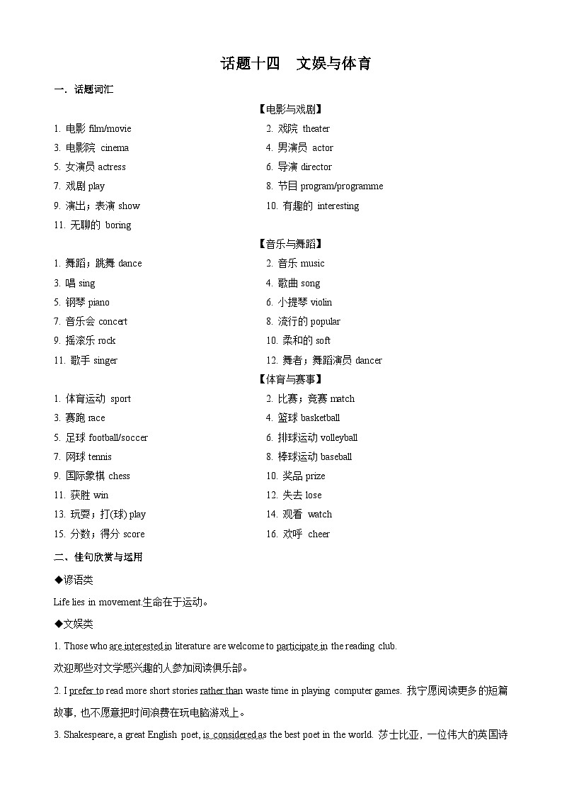 专题14.文娱与体育(词汇+句式+范文)-2024届中考英语作文复习素材01
