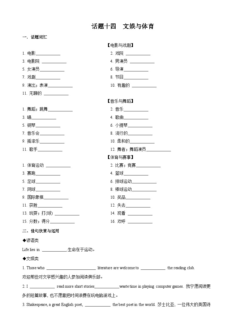 专题14.文娱与体育(词汇+句式+范文)-2024届中考英语作文复习素材01