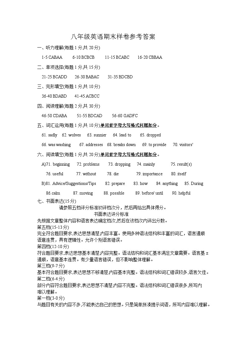 八年级英语期末样卷参考答案2024.1第1页