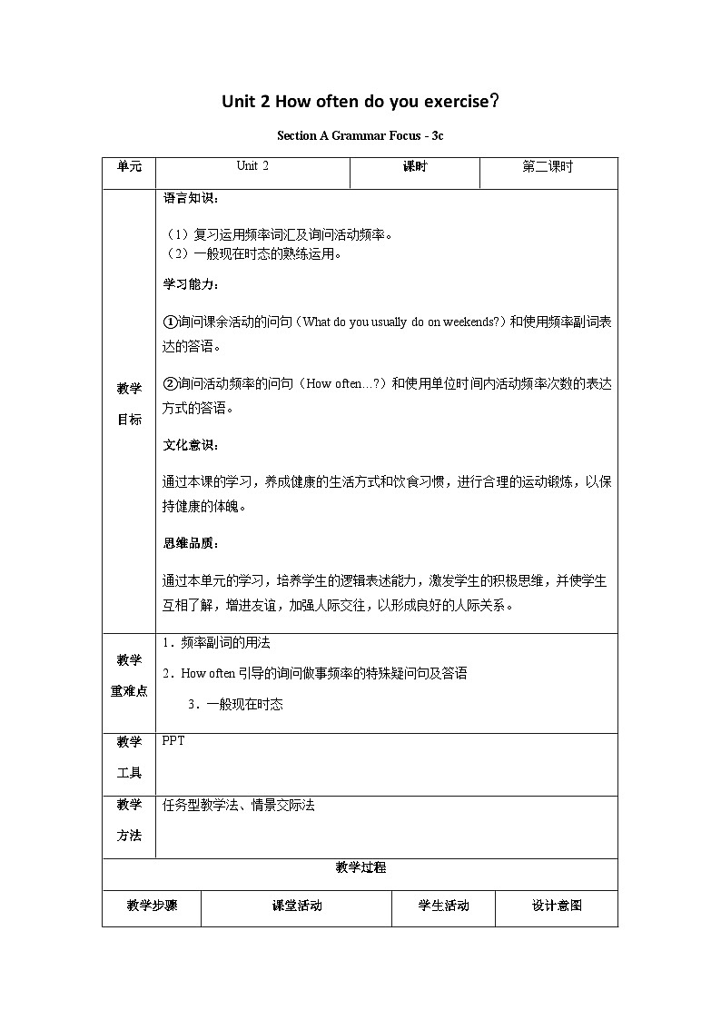 Unit 2 第2课时 Section A (Grammar Focus-3c)(教学设计)-八年级英语上册同步备课系列（人教新目标Go For It!）01