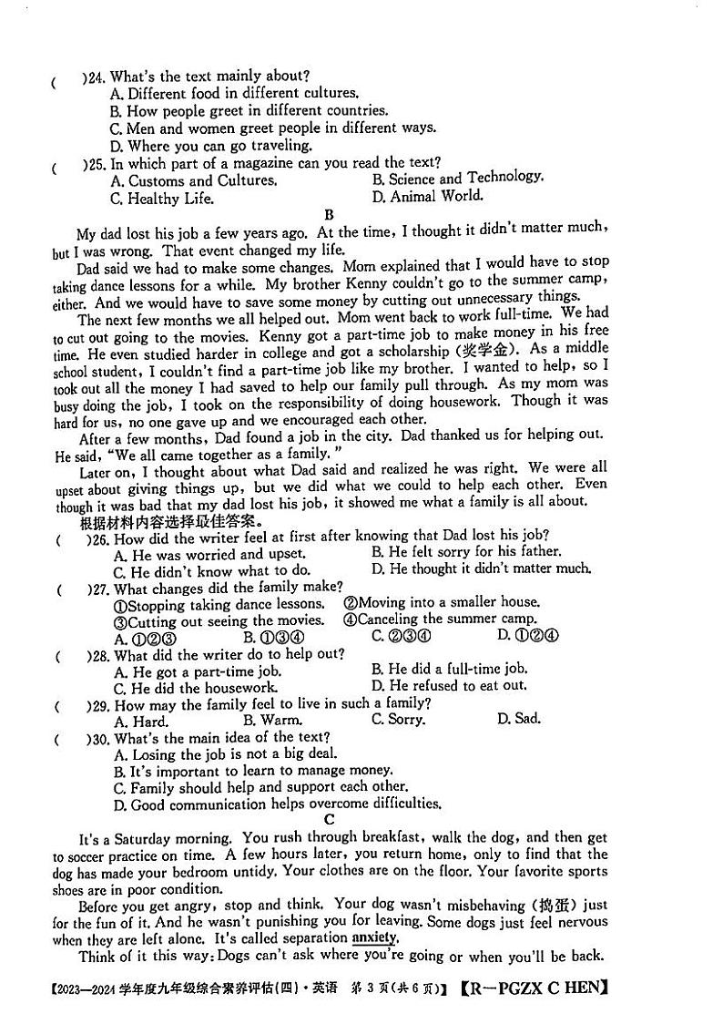 河南省新乡市获嘉县乡镇学校联合考试2023-2024学年九年级上学期1月期末英语试题03