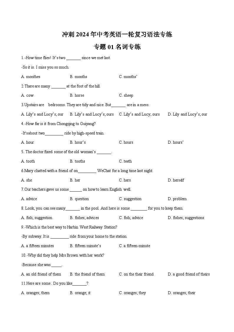 专题01名词专练-冲刺中考英语一轮复习语法专练(解析版)第1页