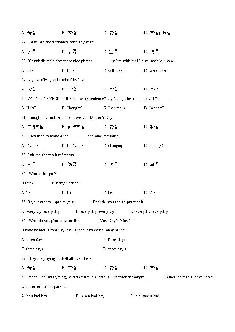 专题14句子成分专练-冲刺中考英语一轮复习语法专练(原卷版)第3页