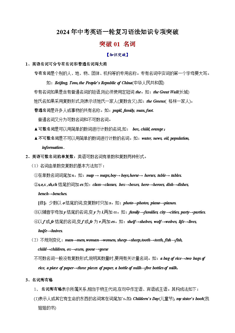 突破01 名词-2024年中考英语一轮复习语法知识专项突破及练习（通用版）第1页