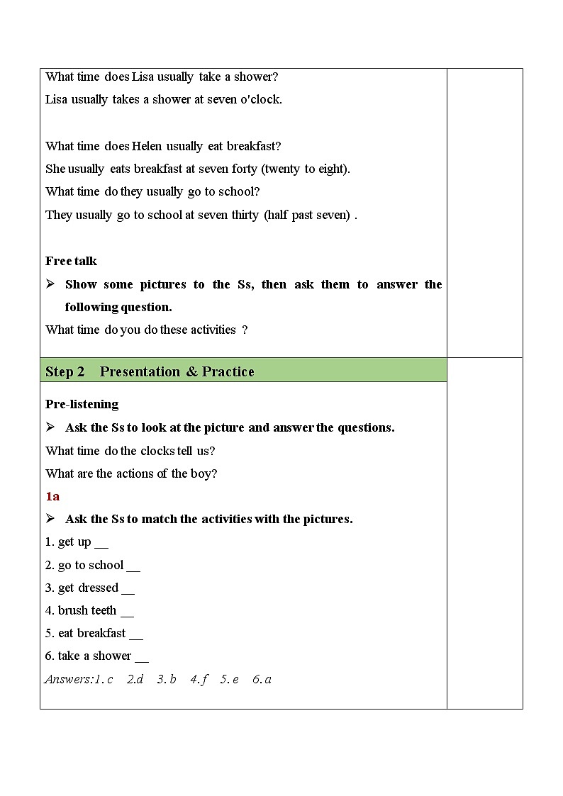Unit 2  Section A（1a-1c）表格式教案 人教版英语七年级下册第3页