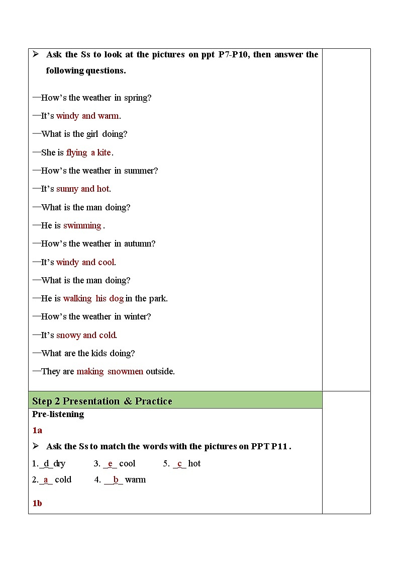 Unit 7 Section B（1a-1e）表格式教案 人教版英语七年级下册02