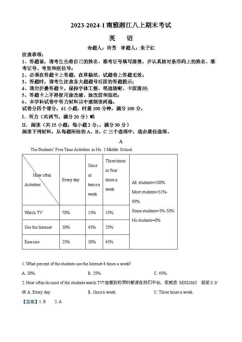 09，湖南省长沙市岳麓区南雅湘江中学2023-2024学年八年级上学期期末考试英语试题第1页