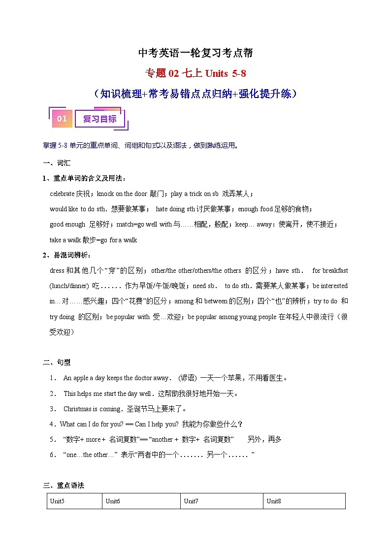 专题02 七上Units 5-8（知识梳理+常考易错点点归纳+强化提升练）-中考英语一轮复习考点帮（江苏专用）第1页