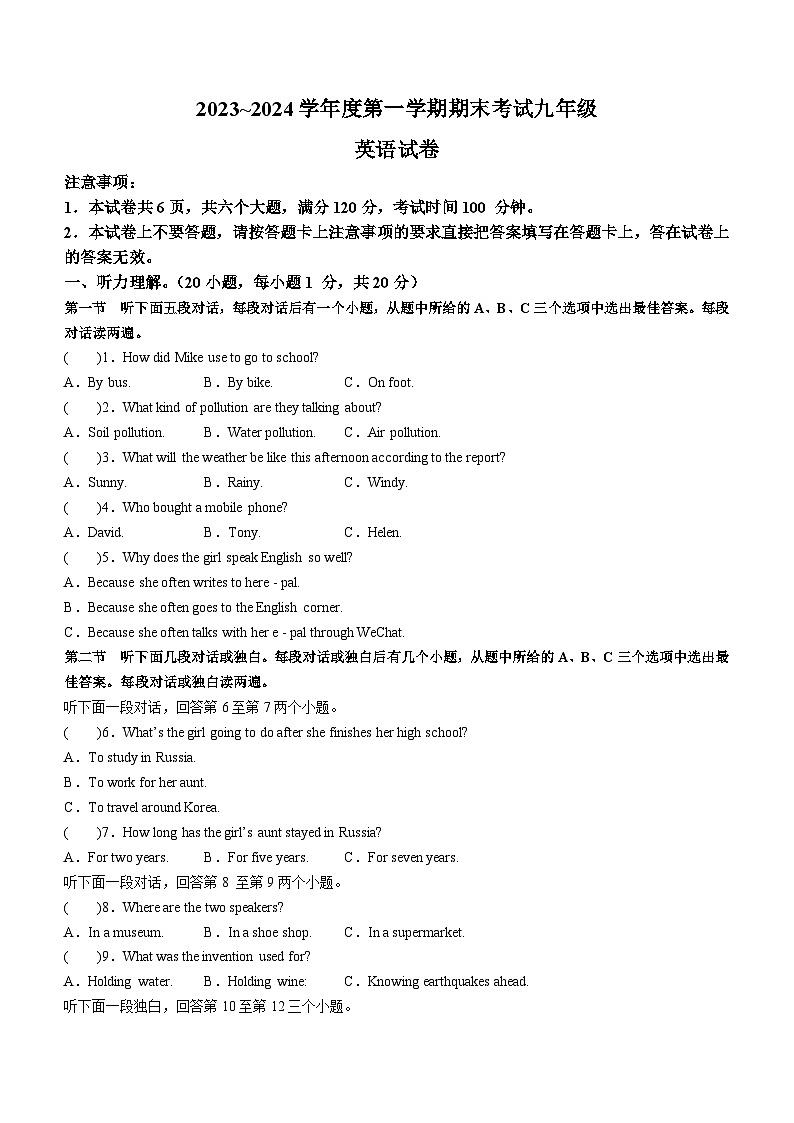 河南省漯河市临颍县2023-2024学年九年级上学期期末英语试题（含答案）第1页