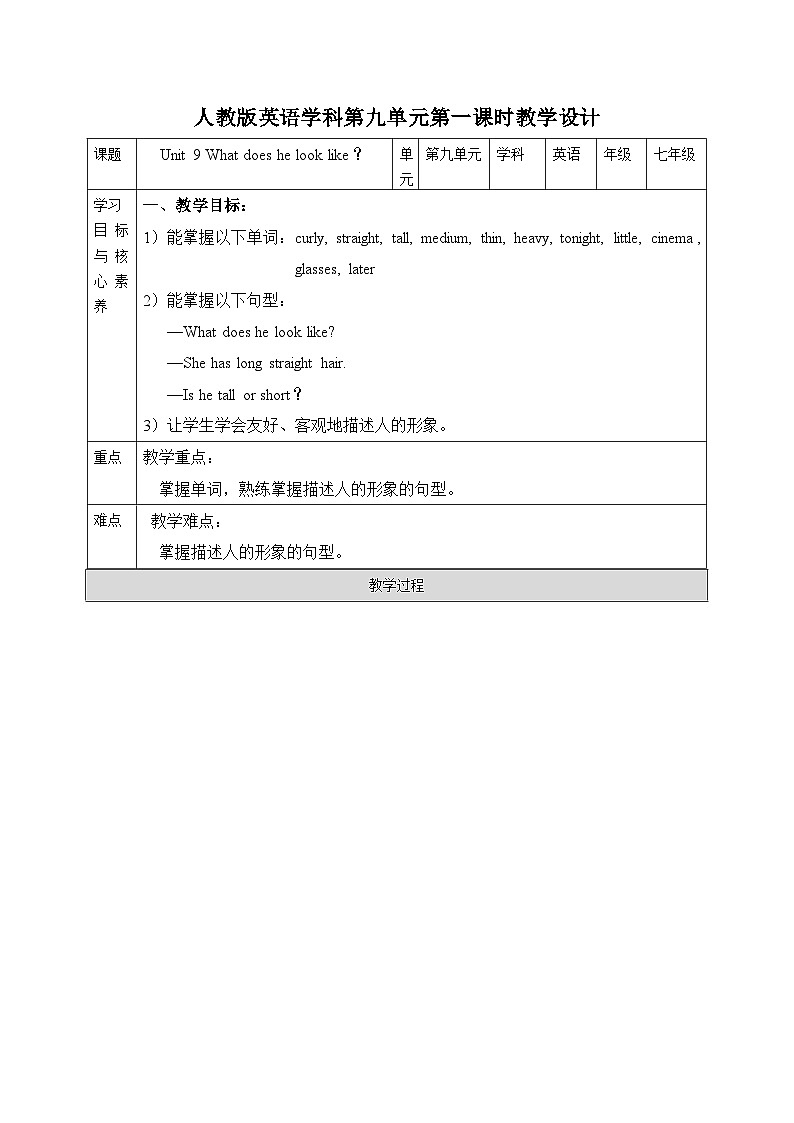 Unit9 What does he look like.SectionA(1a-2d)教案01