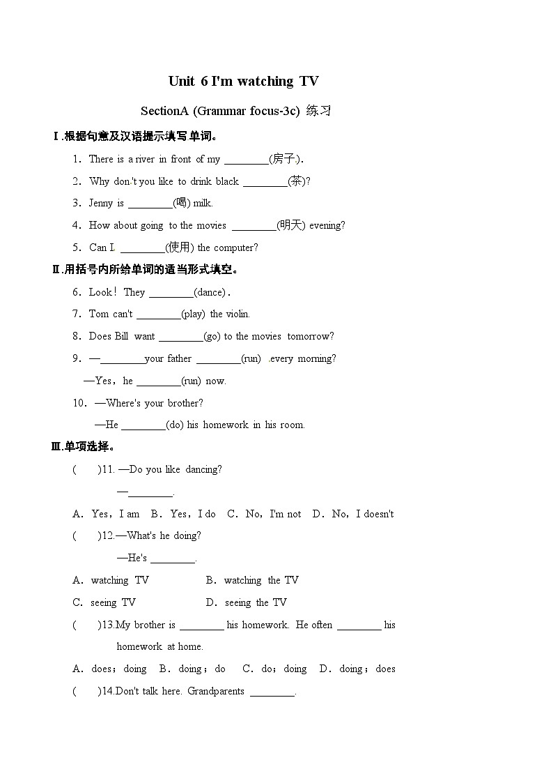 Unit6  I'm watching TV.SectionA(grammar focus-3c)练习01