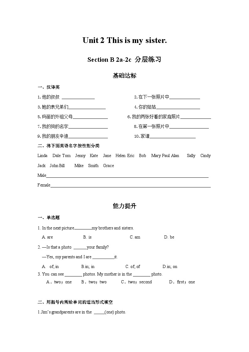 Unit 2 第4课时 (Section B 2a-2c) 分层作业-试题版第1页