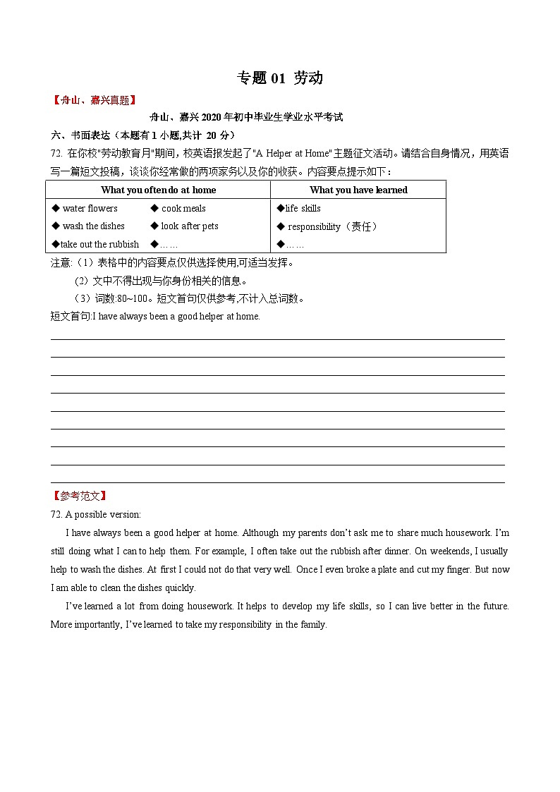 专题01 劳动-中考英语作文最新热点话题素材积累01