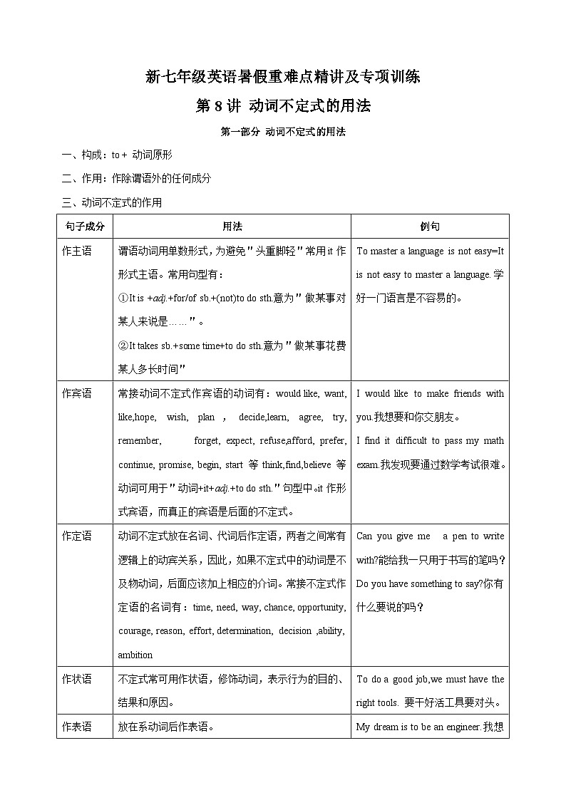 第8讲 动词不定式的用法-新七年级译林版英语暑假重难点精讲及专项训练01