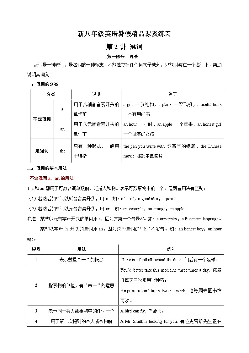 第2讲 冠词-新八年级译林版英语暑假重难点精讲及专项训练01