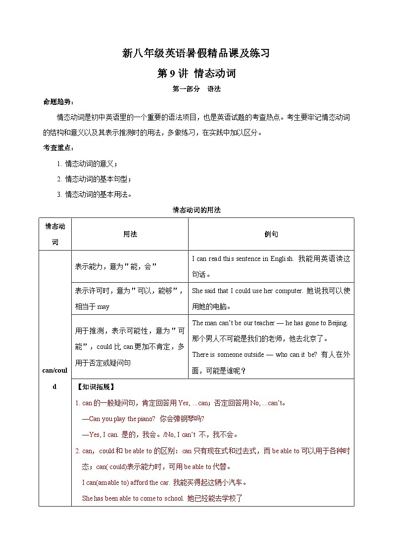 第9讲 情态动词-新八年级译林版英语暑假重难点精讲及专项训练第1页