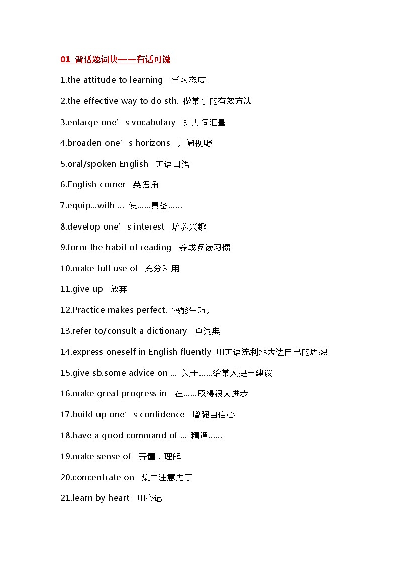初中英语话题词块、佳句及范文背记第1页