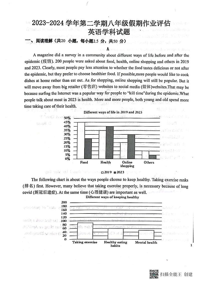 山东省德州市第九中学2023-2024学年八年级下学期开学英语试题第1页