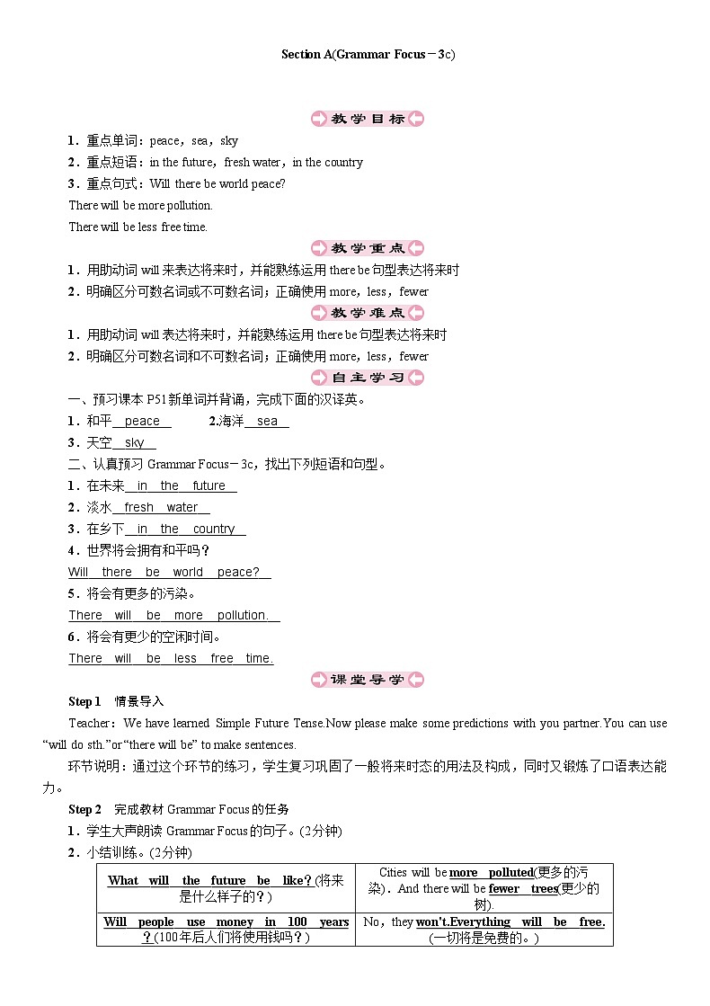 人教新目标(Go for it)版八年级上册Unit 7 Will people have robots-Section A(Grammar Focus－3c)教案第1页