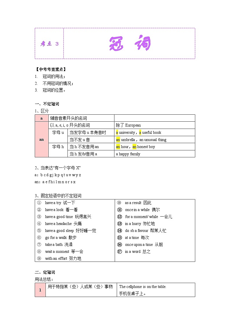 考点03-冠词知识点总结+习题（含答案）第1页