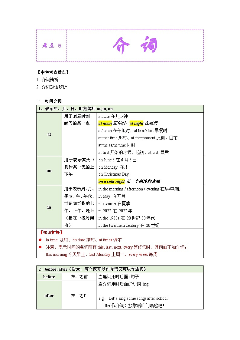 考点05-介词和介词短语知识点总结+习题（含答案）第1页