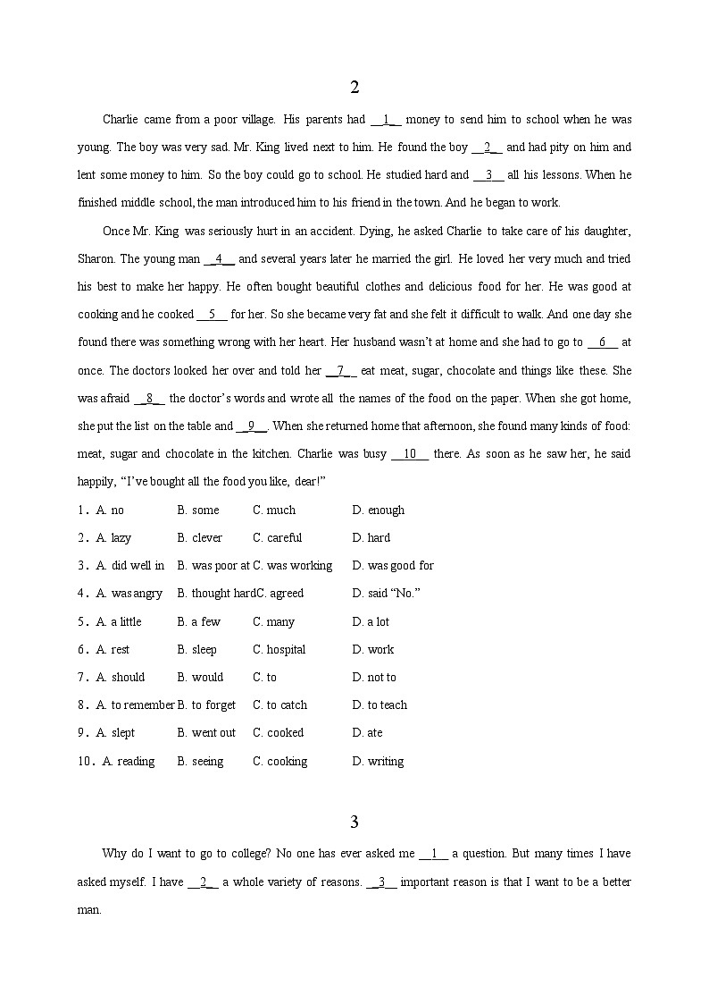 中考英语完形填空专项练习100篇1-10（含答案和解析）第2页