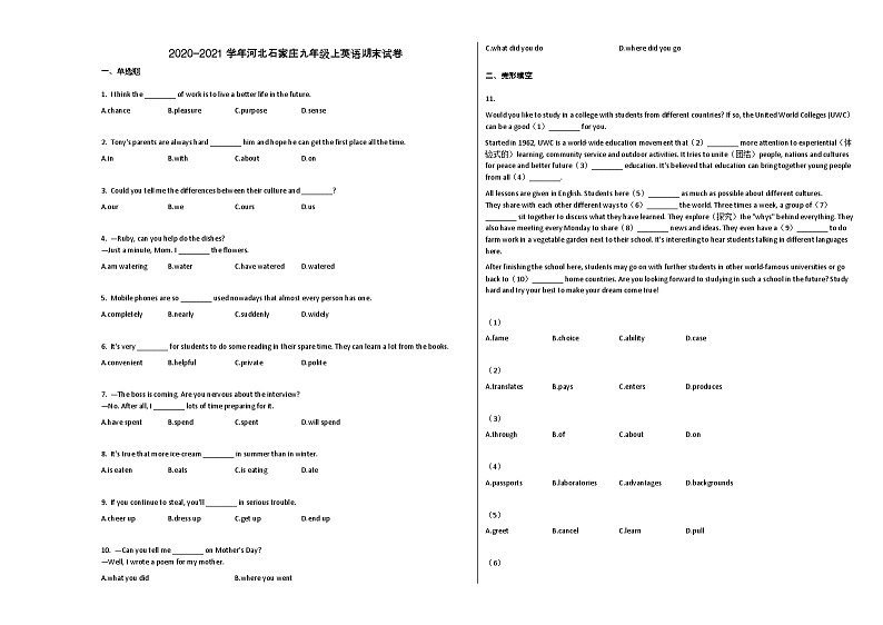 河北石家庄市2020-2021学年九年级上学期英语期末试卷01