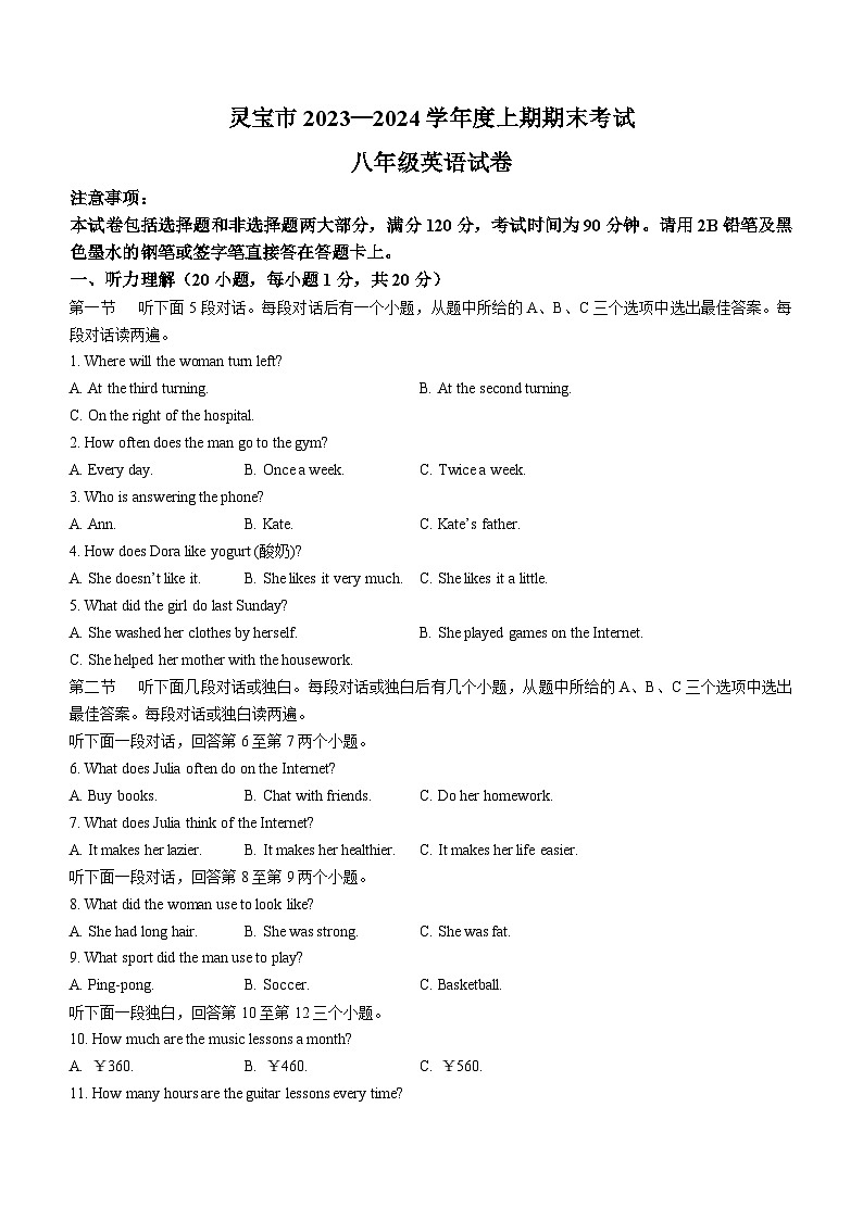 河南省三门峡市灵宝市2023-2024学年八年级上学期期末考试英语试题01