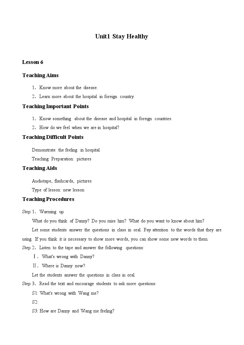 冀教版英语九年级全一册 Unit 1 Stay Healthy_6 教案01