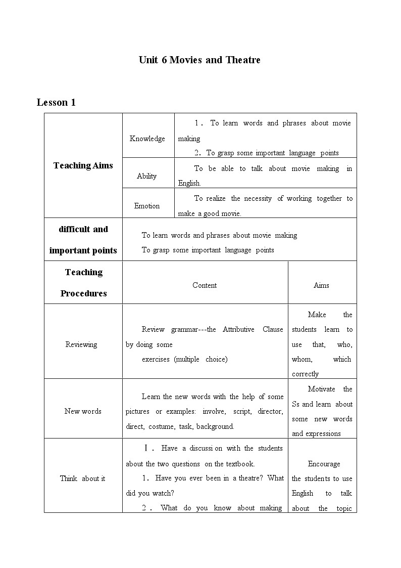 冀教版英语九年级全一册 Unit 6 Movies and Theatre_ 教案01
